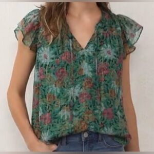 LC Lauren Conrad Duffle V-neck Teal Floral Blouse